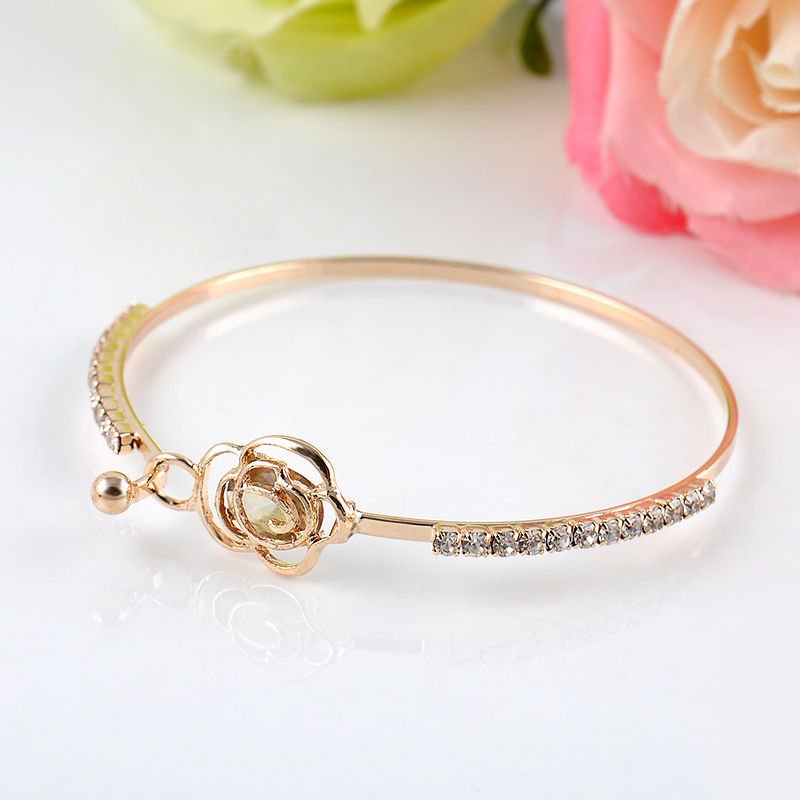 Elegant Women's Crystal Rose Flower Bangle Cuff Gold Plated Bracelet ...