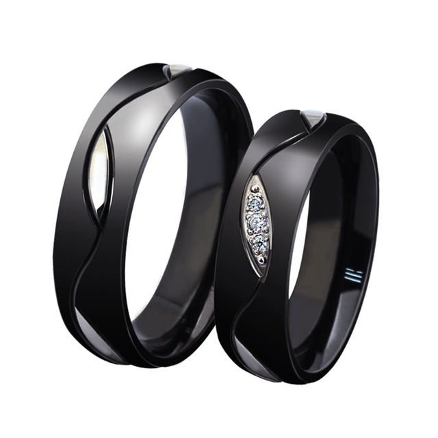 2pcs Black Titanium Stainless Steel Couple Rings Promise Wedding Ring Band Set