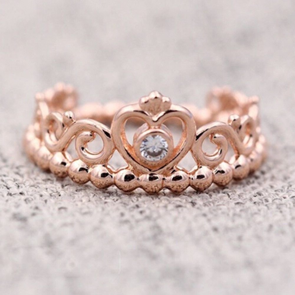 Elegant Rose Gold Plated Clear Zircon Women Crown Ring Luxury Princess Ring