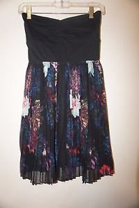 Roxy strapless dress black cotton top with pleated floral skirt size S NWT