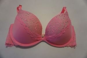 Victoria's Secret Temptation padded demi bra 32D pink lace rhinestones NWT