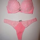 Victoria's Secret Body push-up bra 32C thong sz M pink w/ white lace flowers new