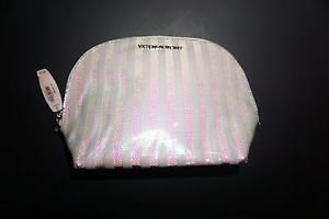 Victoria's Secret cosmetic bag case white iridescent sequins with stripes NWT