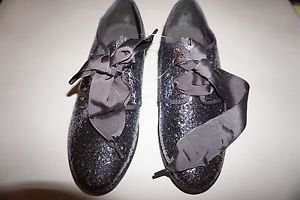 Gap big girls shoes size 5 silver glitter oxfords with gray ribbon laces new