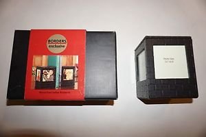 Borders bookstore woven fine leather set 2 bookends brown w/ photo inserts NIB