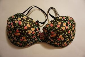 Victoria's Secret padded demi bra size 34C black with pink & yellow flowers NWOT