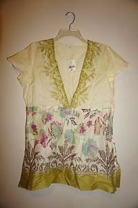 J. Jill cotton V-neck blouse sz PS desert etch cream w/ magenta green floral NWT