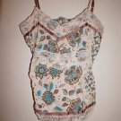 Womens Nolita tank top sz S beige with brown & turquoise flowers lace tie EUC