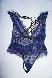 Victoria's Secret Chantilly Lace metallic blue black shimmer lace teddy szL NWT