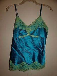 INC silk camisole size 2 bright turquoise with yellow-green lace trim EUC