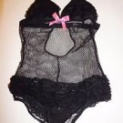 Victoria's Secret Sexy Little Things black mesh teddy w/ ruffles/pink bow S NWOT