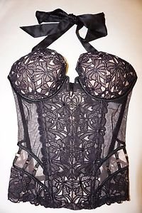 Victoria's Secret Designer Collection black floral lace corset stones 34C NWT