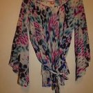 Sweet Pea long-sleeve loose flowing blouse sz S waist tie multicolor print NWOT