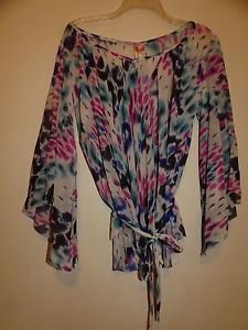 Sweet Pea long-sleeve loose flowing blouse sz S waist tie multicolor print NWOT
