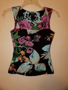 BCBG Max Azria black with bright floral print twist-strap tank sz XS EUC