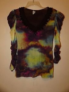 Petit Pois Viviana G. multicolor mesh blouse gathered sleeves beads size S EUC