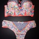 Victoria's Secret Very Sexy balconet bra 32B thong sz M bright coral paisley NWT