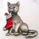 Cat With Stocking Christmas JJ Jonette Pewter Pin