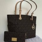 2PC MICHAEL KORS MK BROWN MONOGRAM SIGNATURE LOGO JET SET TOTE/HANDBAG