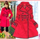 New Japan Stylish Double Breast Black Hem Belt Coat Red L