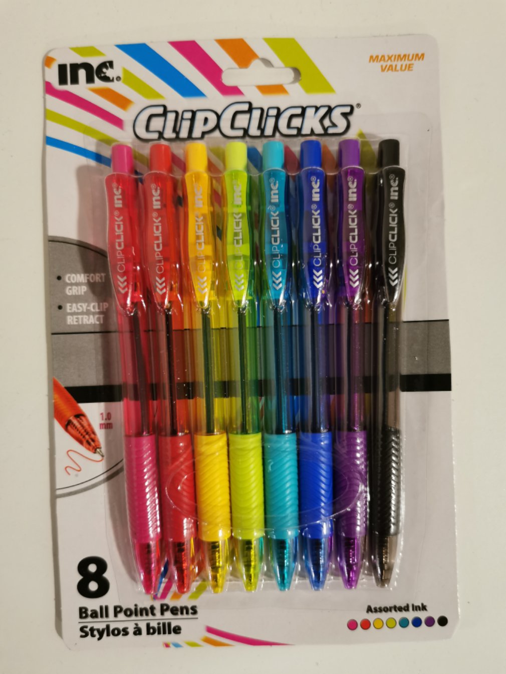 Inc ClipClicks Soft Comfort Grip Assorted Ink Color Pens 1.0mm (8 Pens)