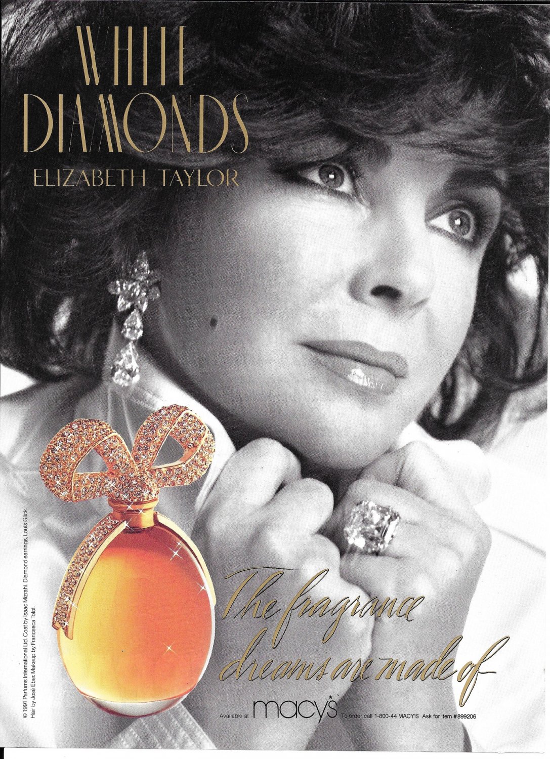 1991 Elizabeth Taylor White Diamonds Perfume Ad Fragrance Dreams