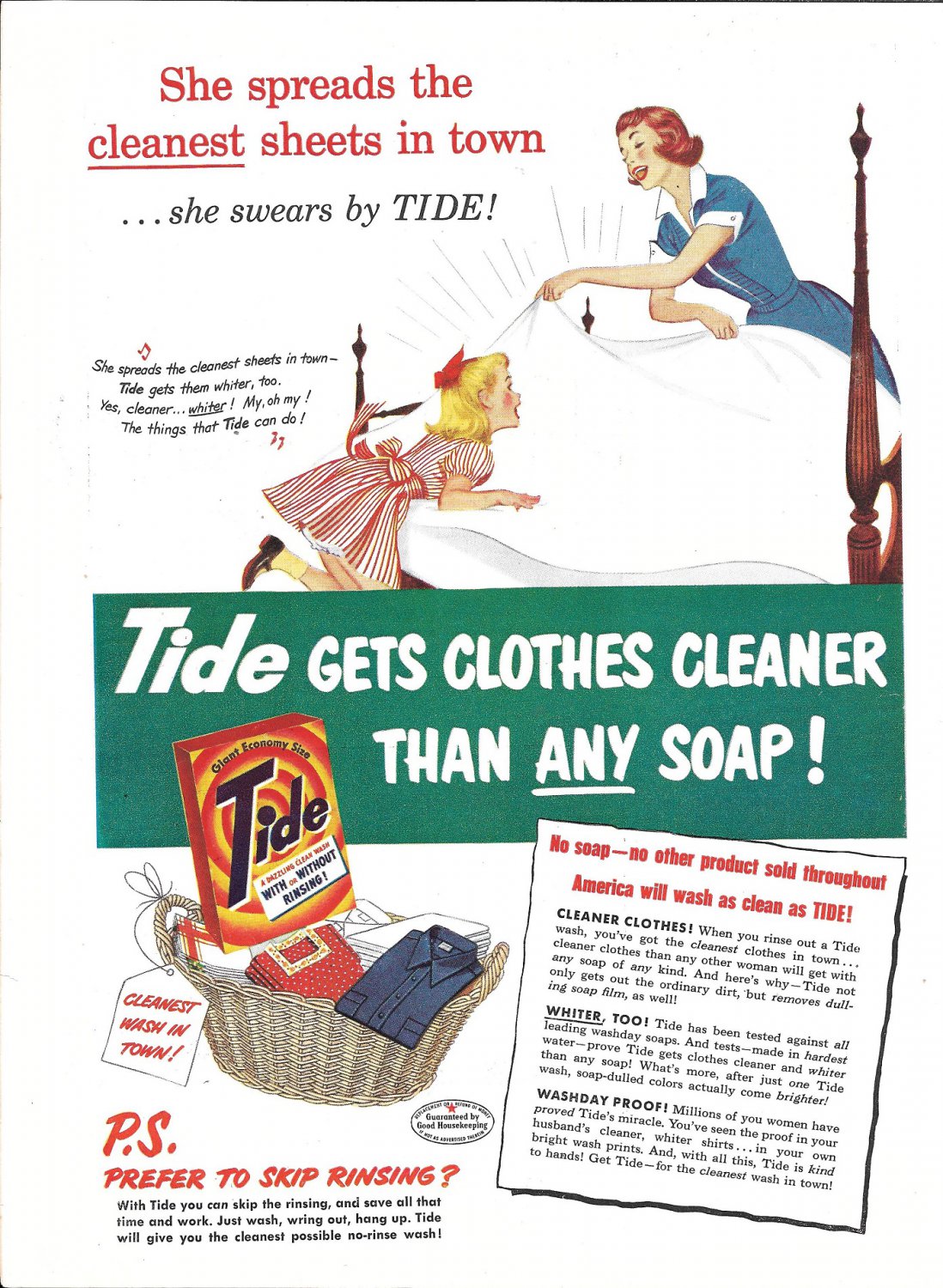 1951 Tide Detergent She Spreads The Cleanest Sheets In Town Ad