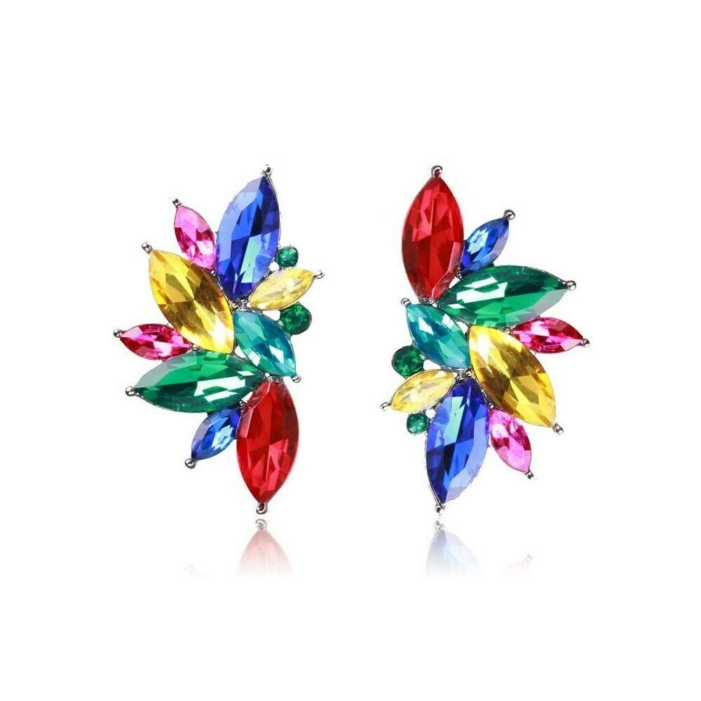 Hot Multi-Color Glass Crystal Ancient Silver Long Ear Stud Hoop tassels earrings