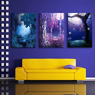 E-HOME Stretched LED Canvas Print Art The Moonlight Fantasy Forest LED Flashing Optical Fiber Prin