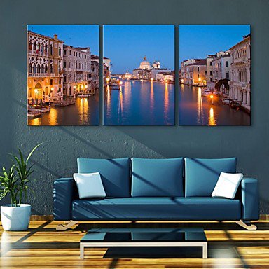 E-HOME Stretched LED Canvas Print Art City Canal Flash effect LED Set of 3