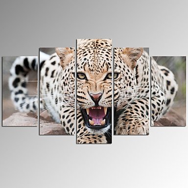 VISUAL STAR5 Panel Leopards Printing  on Canvas Wall Art  Living Room Decor Artwork Ready to Hang