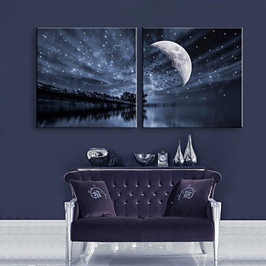 E-HOME Stretched LED Canvas Print Art Lake Sky LED Flashing Optical Fiber Print Set of 2