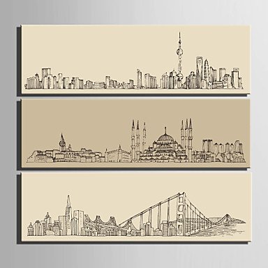 E-HOME Stretched Canvas Art Urban Architectural Line Painting Decoration Painting  Set of 3