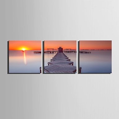 E-HOME Stretched Canvas Art River Bank Scenery in The Setting Sun Decoration Painting  Set of 3