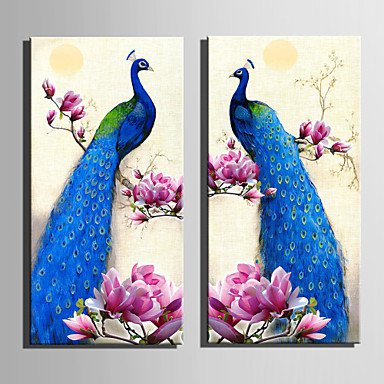 E-HOME Stretched Canvas Art Pink Flowers And Blue Peacock Decoration Painting  Set Of 2