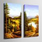 E-HOME Stretched Canvas Art Forest River View Decoration Painting  Set Of 2