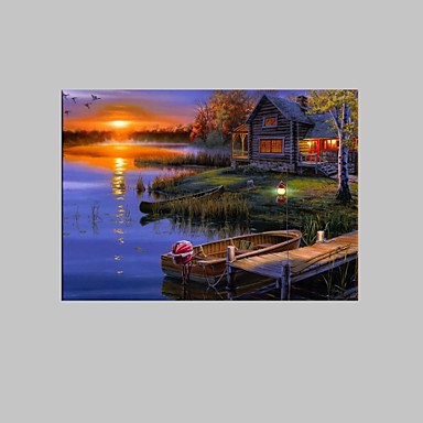 E-HOME Stretched LED Canvas Print Art Lake Cottage Scenery LED Flashing Optical Fiber Print One Pc