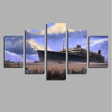 5 Panels Canvas Print Ship stranded Boat On Island Painting On Canvas Sandbeach Wall Art Picture H