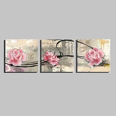E-HOME Stretched Canvas Art Pink Rose Decorative Painting Set of 3