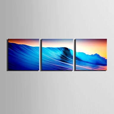 E-HOME Stretched Canvas Art Blue Waves Decoration Painting  Set of 3