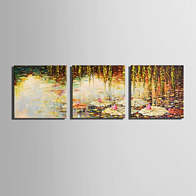 E-HOME Stretched Canvas Art Lotus Pond Autumn Decoration Painting Set Of 3