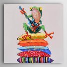 Hand Painted Oil Painting Animal Frog Play Guitar with Stretched Frame