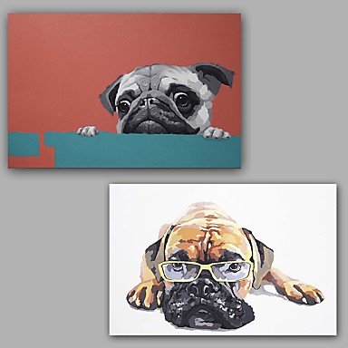 Hand-Painted Abstract / Animals Dogs 100% Hang-Painted Oil PaintingModern / Classic Two Panels Can