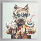Hand Painted Oil Painting Animal Drink Coke And Eat Popcorn Dogs with Stretched Frame 7 Wall Arts