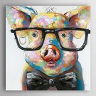 Hand Painted Oil Painting Animal Smart Pig with Stretched Frame