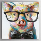 Oil Painting a Pig Wearing Glassess by Knife Hand Painted Canvas with Stretched Framed Ready to Ha