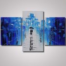 3 Panels 100% Hand Painted Blue Rainy Street Painting with Trees with Thick Texture Cityscape Wall