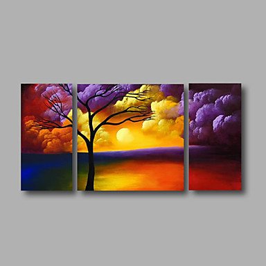 Ready to Hang Stretched Hand-Painted Oil Painting Canvas Wall Art Trees Clouds Sunrise Modern Thre