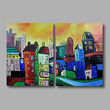 Ready to Hang Stretched Hand-Painted Oil Painting on Canvas Wall Art Abstract Contempory Building