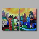 Ready to Hang Stretched Hand-Painted Oil Painting on Canvas Wall Art Abstract Contempory Building